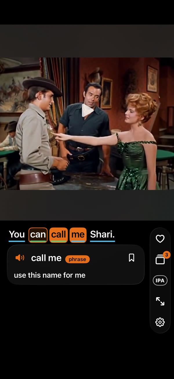 The app with the phrase “call me” selected and its meaning shown in English